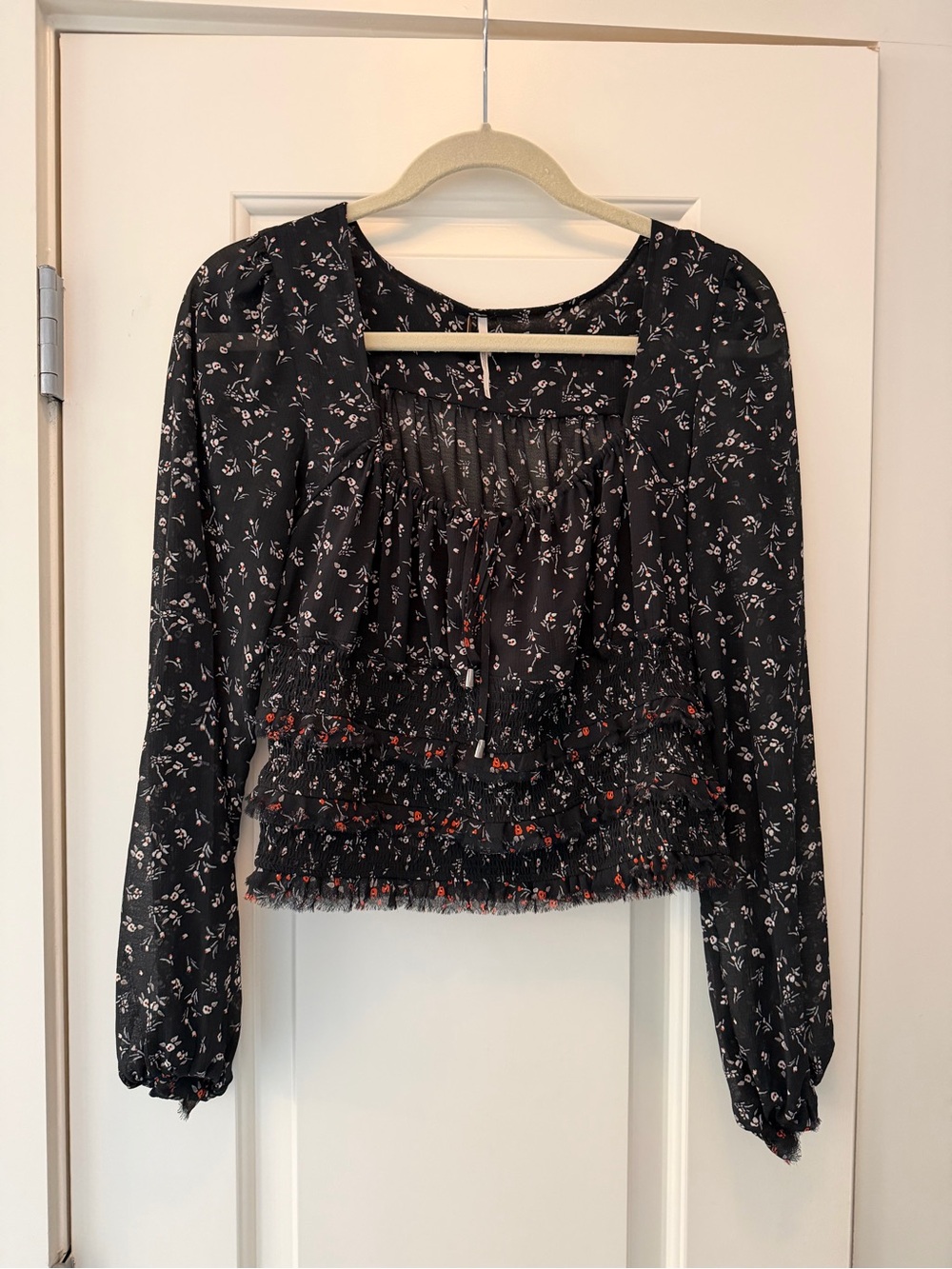 Free People Black Floral Long-Sleeve Ruffled Crop Top